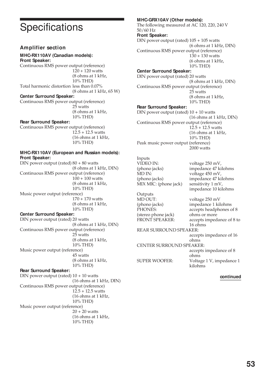 Sony MHC-GRX10AV operating instructions Specifications, Amplifier section 