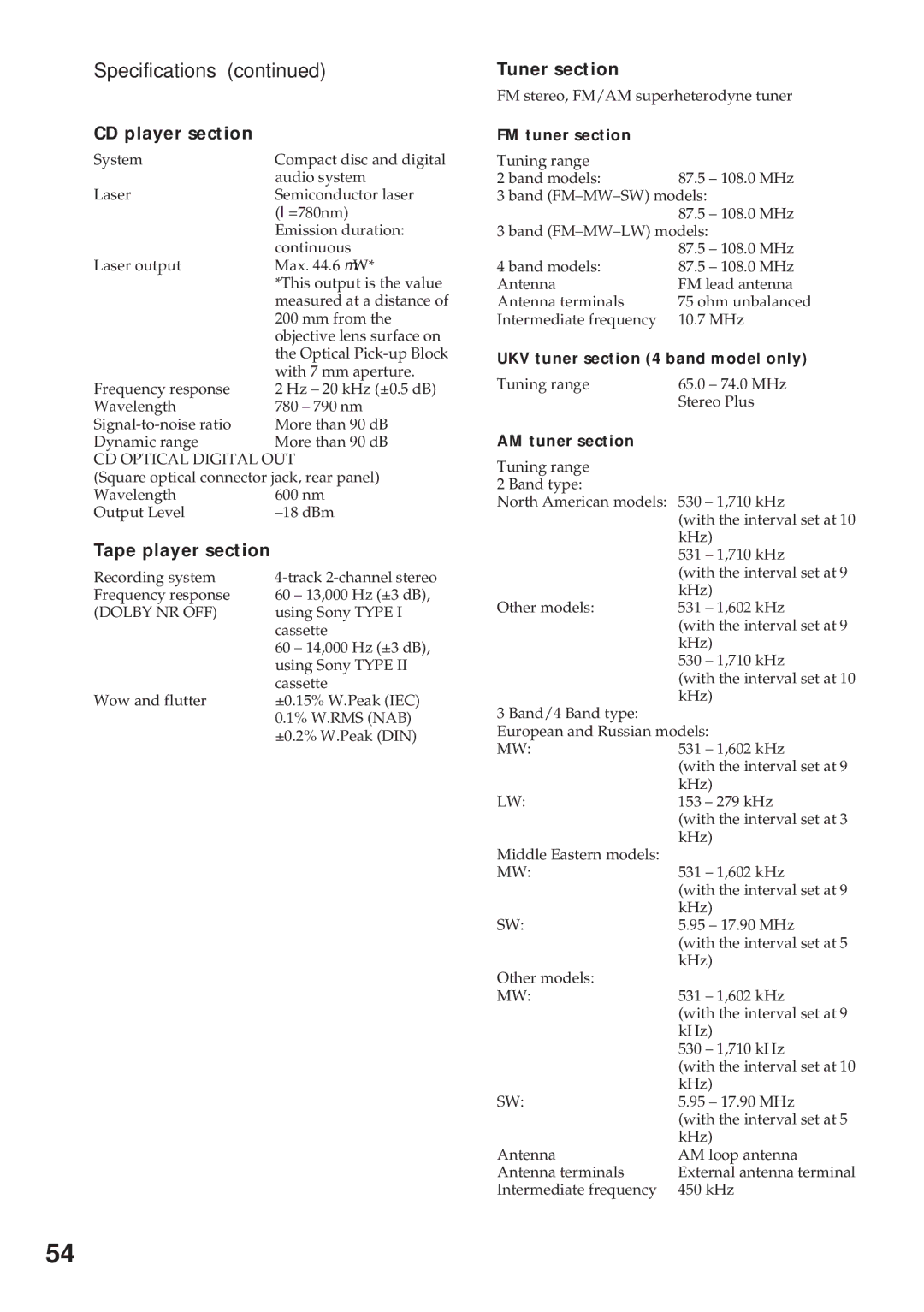 Sony MHC-GRX10AV operating instructions Specifications, CD player section, Tape player section, Tuner section 