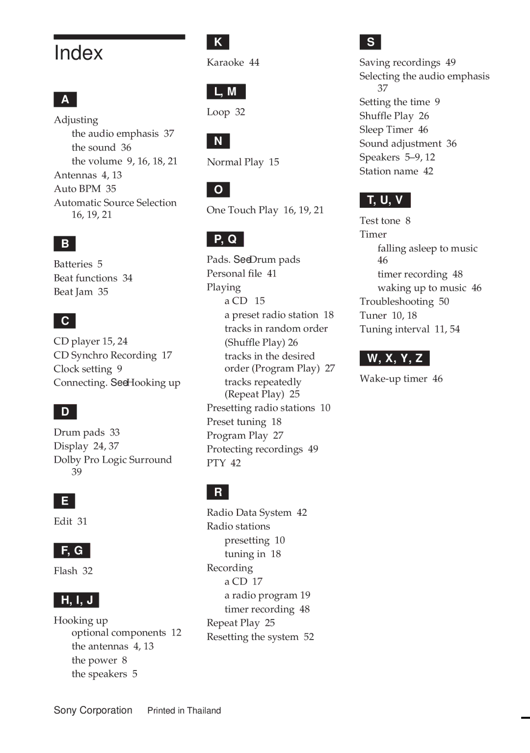 Sony MHC-GRX10AV operating instructions Index, Y, Z 