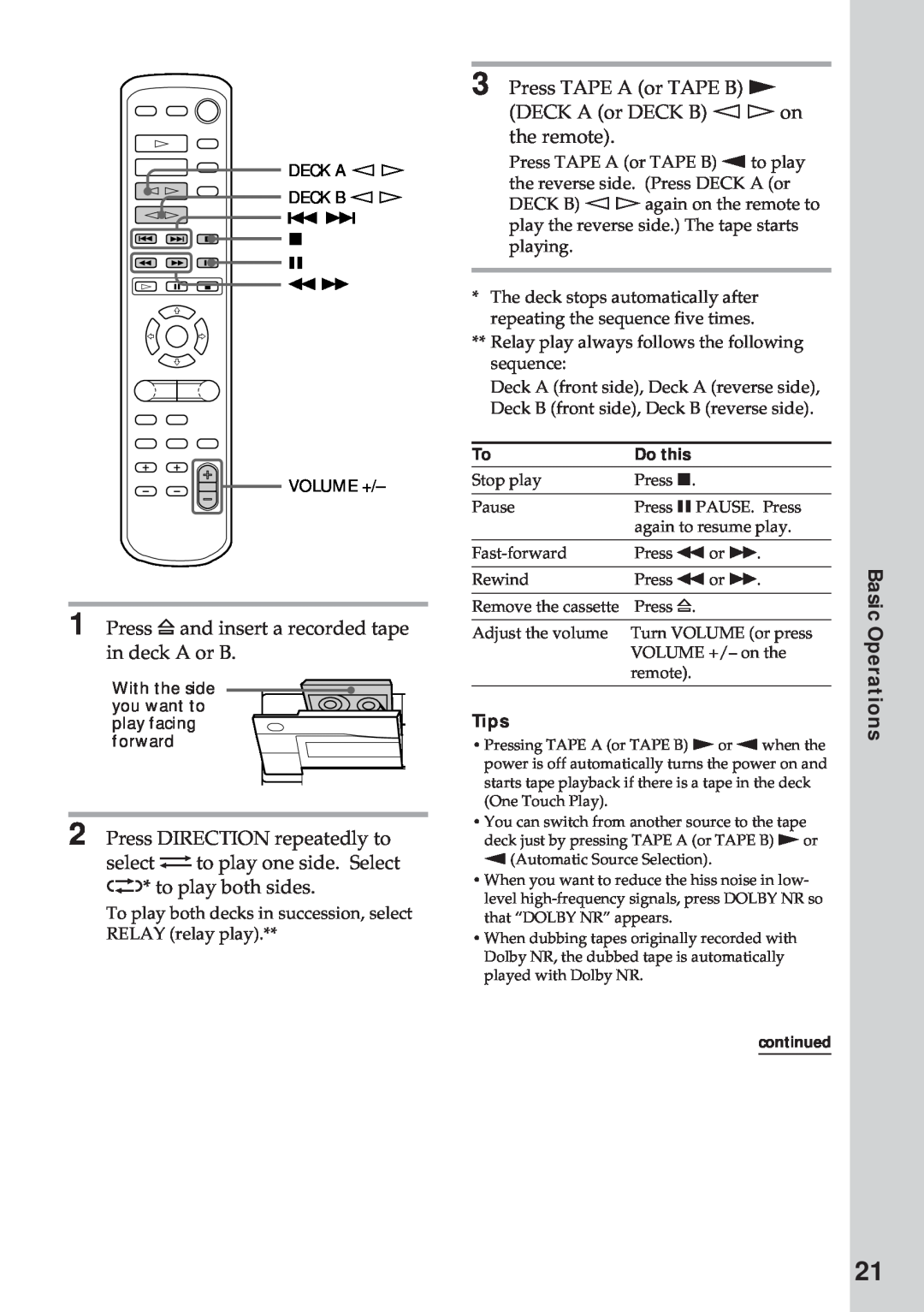 Sony MHC-GRX10AV operating instructions Basic Operations, Relay play always follows the following sequence 