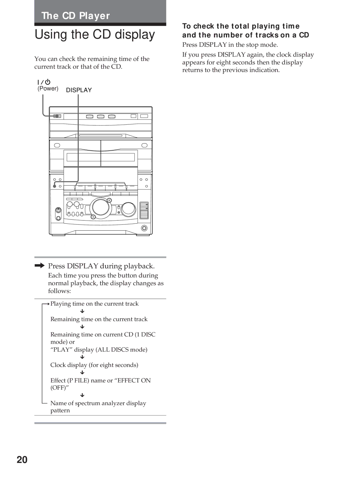 Sony MHC-GRX8, MHC-R800, MHC-RX99, MHC-RX88 manual Using the CD display, Press Display during playback 