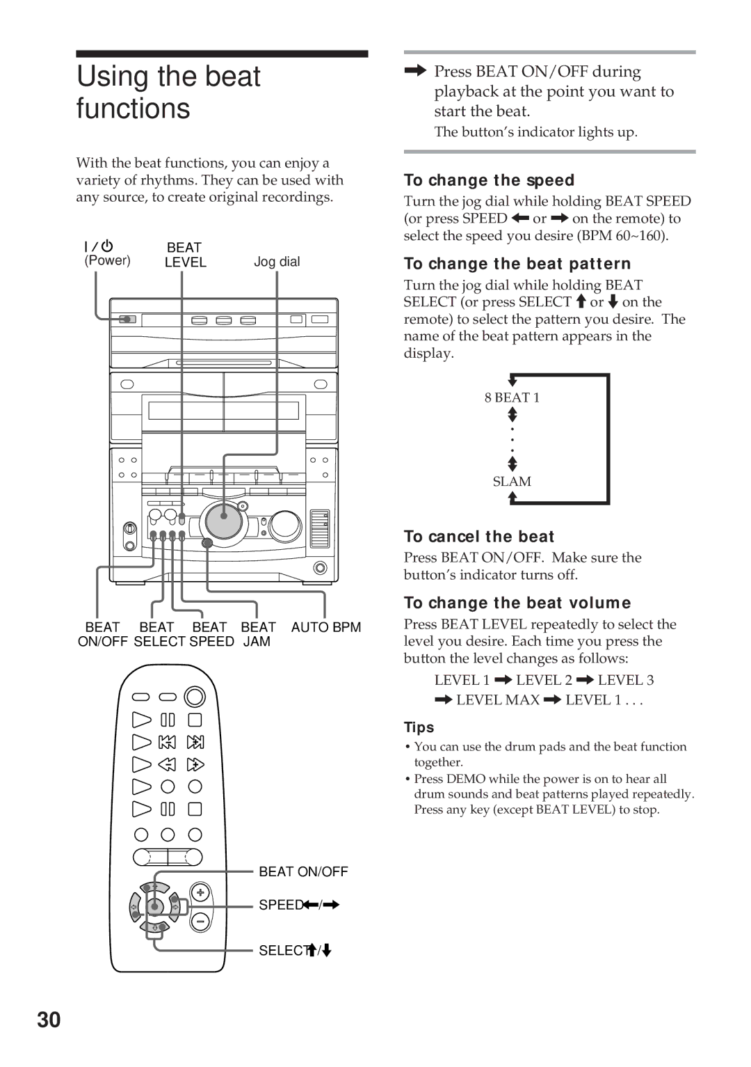 Sony MHC-RX99, MHC-GRX8 manual Using the beat functions, To change the speed, To change the beat pattern, To cancel the beat 