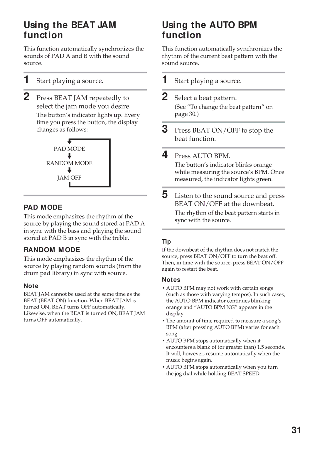 Sony MHC-RX88 manual Using the Beat JAM function, Using the Auto BPM function, Start playing a source Select a beat pattern 