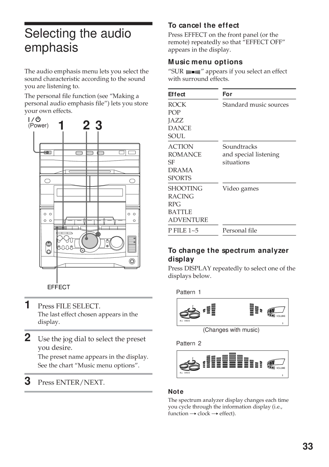 Sony MHC-R800, MHC-GRX8, MHC-RX99, MHC-RX88 manual Selecting the audio emphasis, To cancel the effect, Music menu options 