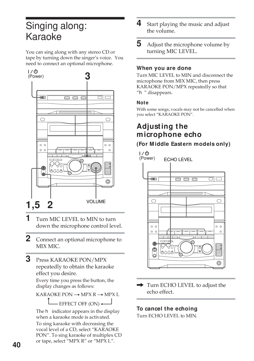 Sony MHC-GRX8 Singing along Karaoke, Adjusting the microphone echo, When you are done, For Middle Eastern models only 