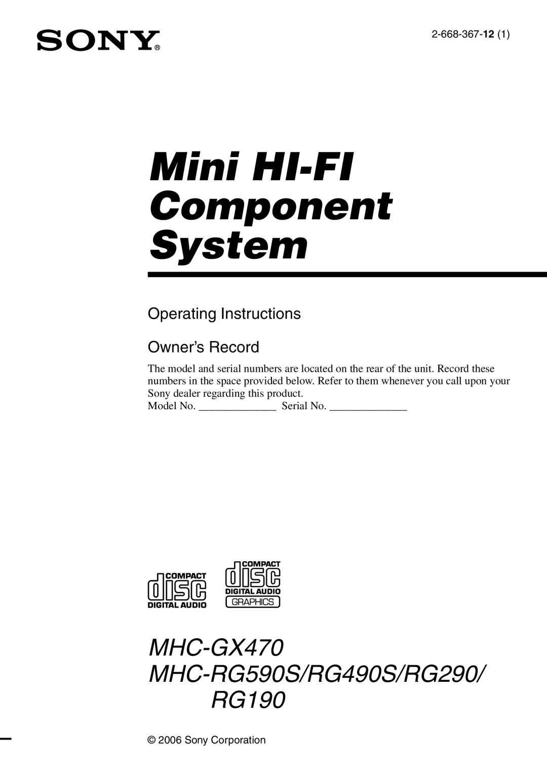 Sony MHC-RG59)S/RG490S/RG290/RG190, MHC-GX470 manual Mini HI-FI Component System 