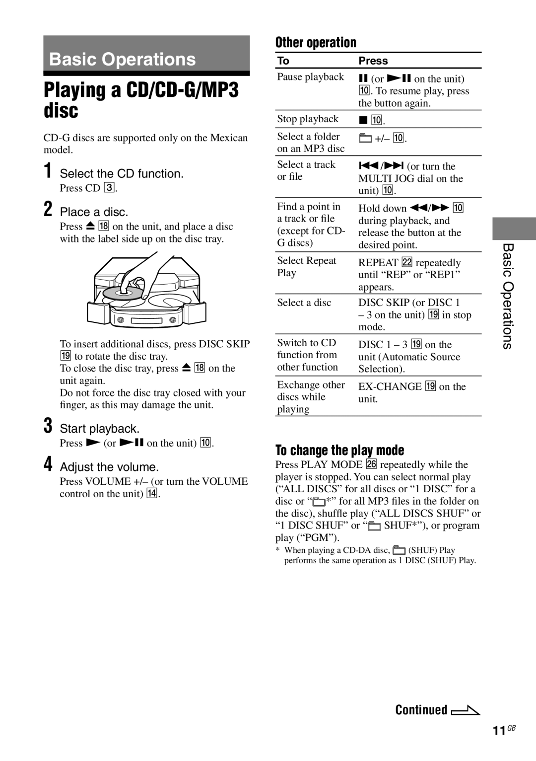 Sony MHC-RG59)S/RG490S/RG290/RG190, MHC-GX470 Playing a CD/CD-G/MP3 disc, Other operation, To change the play mode, 11GB 