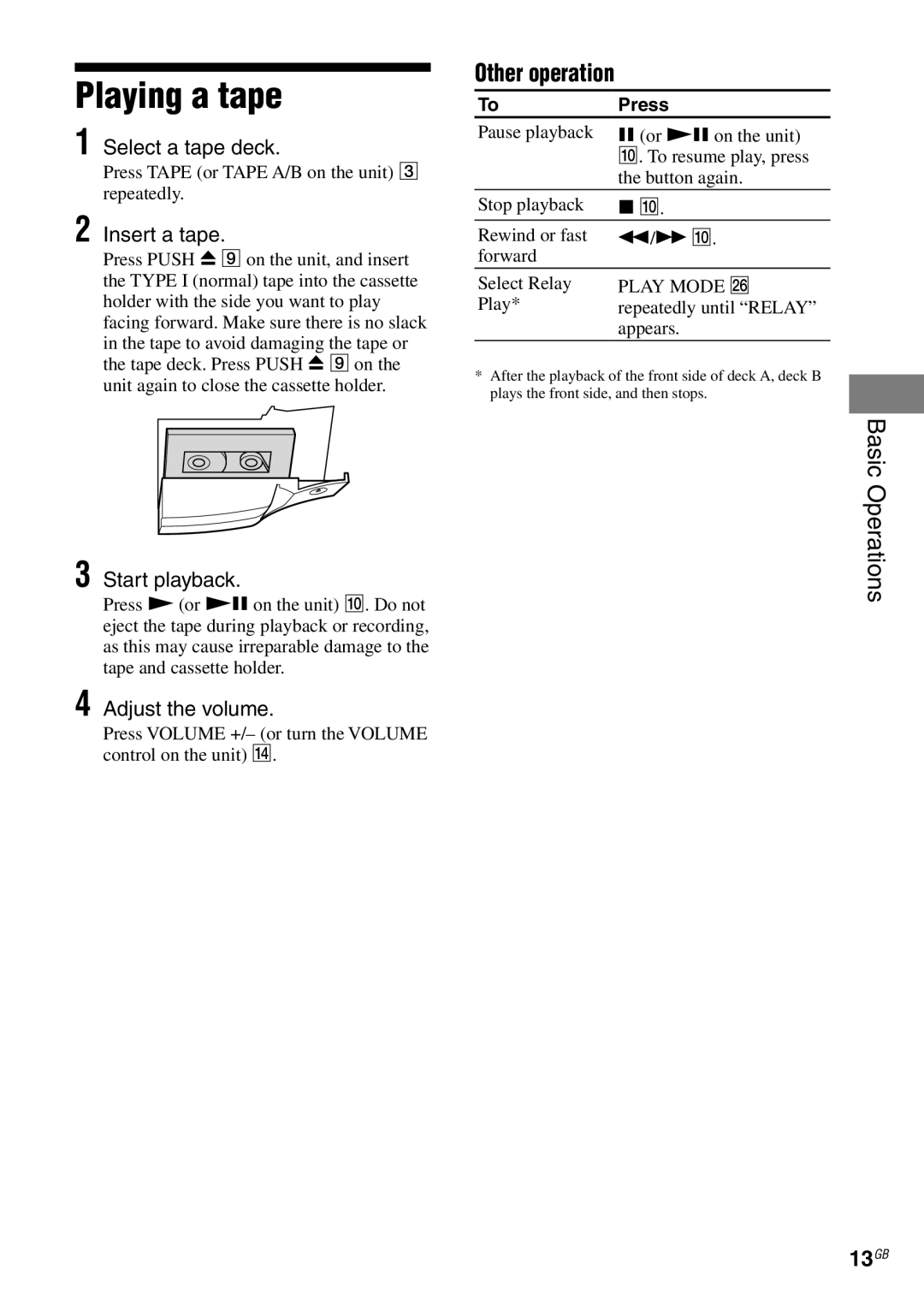 Sony MHC-RG59)S/RG490S/RG290/RG190, MHC-GX470 manual Playing a tape, Select a tape deck, Insert a tape, 13GB 