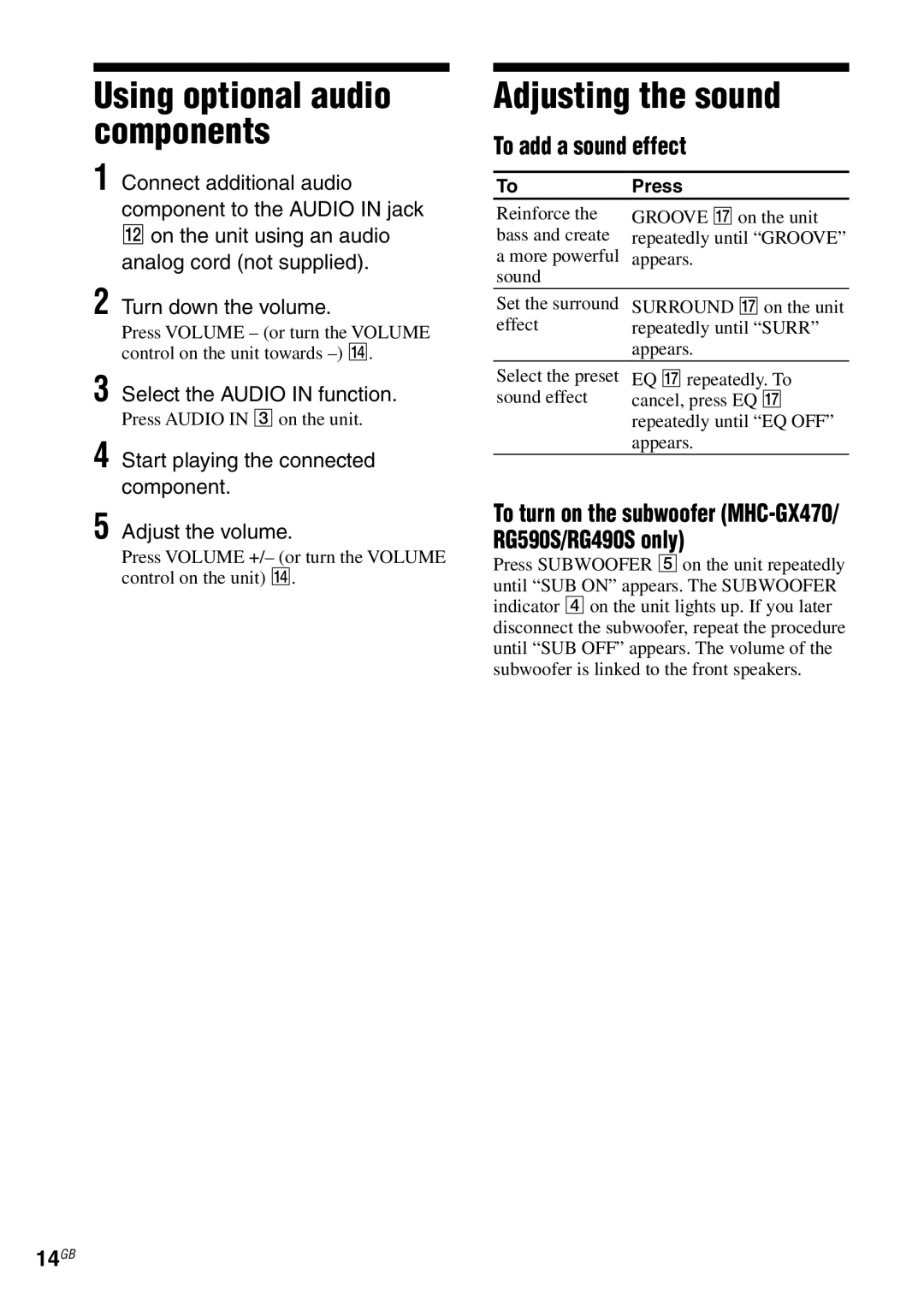 Sony MHC-GX470, MHC-RG59)S/RG490S/RG290/RG190 manual Adjusting the sound, To add a sound effect, 14GB 