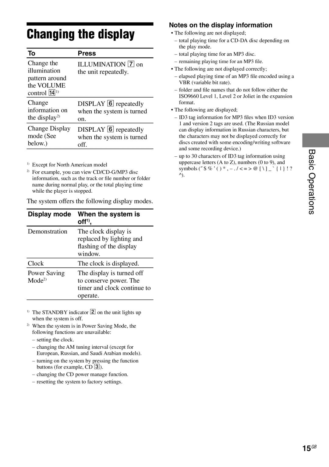 Sony MHC-RG59)S/RG490S/RG290/RG190, MHC-GX470 manual Changing the display, 15GB, Display mode When the system is Off1 