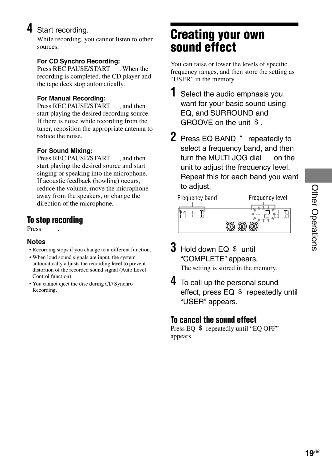 Sony MHC-RG59)S/RG490S/RG290/RG190, MHC-GX470 manual To stop recording, To cancel the sound effect, 19GB 