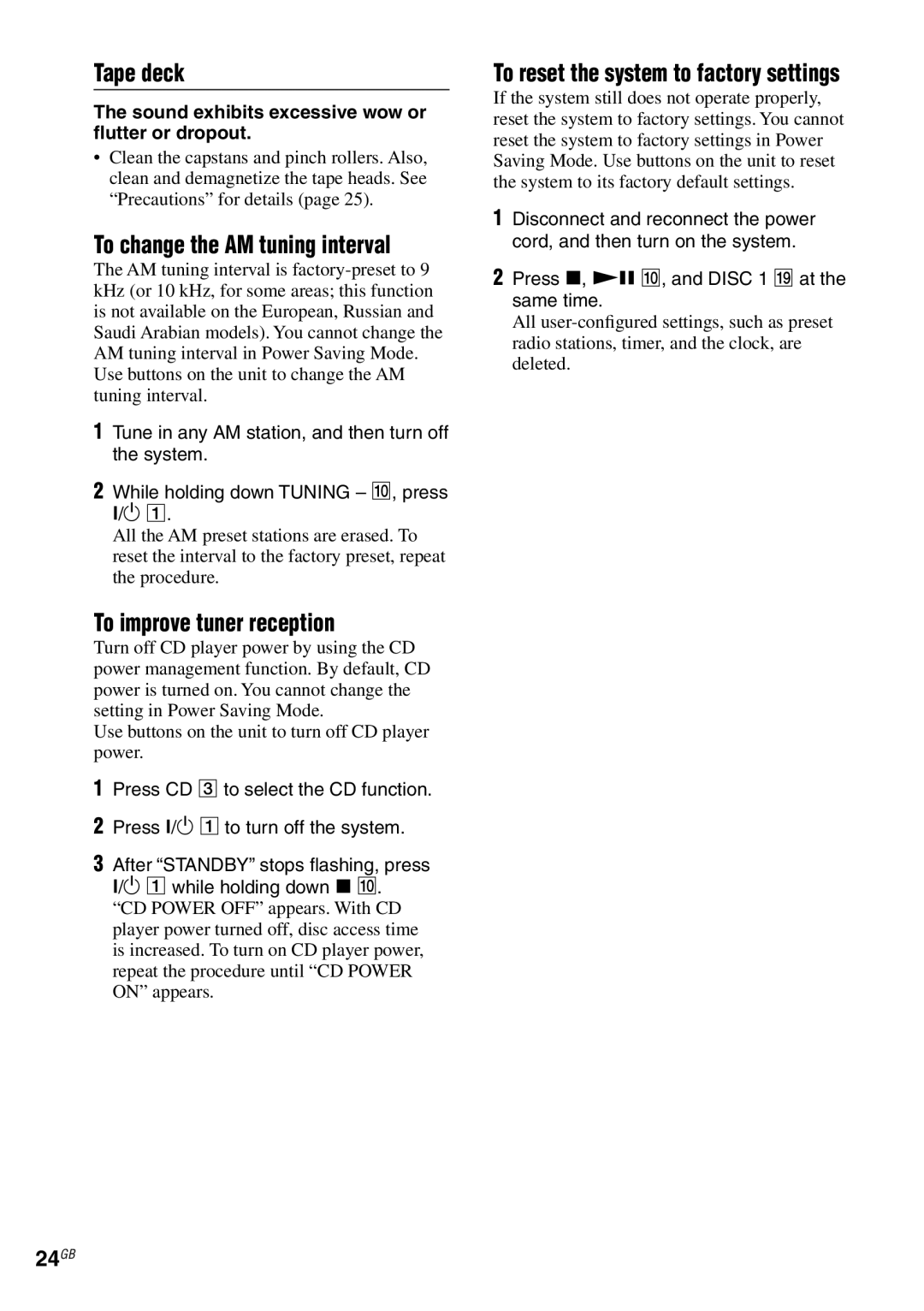 Sony MHC-GX470 manual Tape deck, To change the AM tuning interval, To improve tuner reception, 24GB 