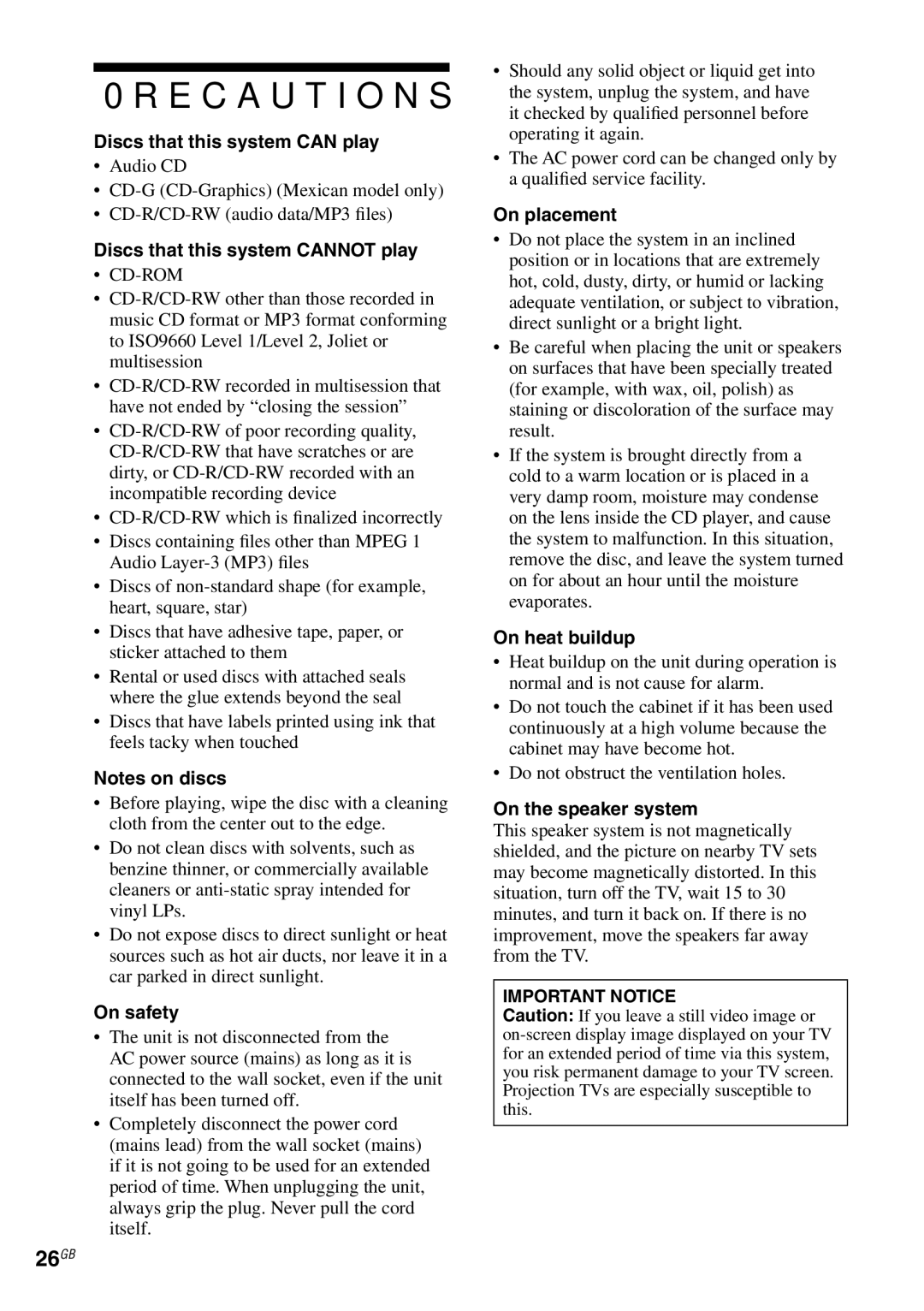 Sony MHC-GX470, MHC-RG59)S/RG490S/RG290/RG190 manual Precautions, 26GB 