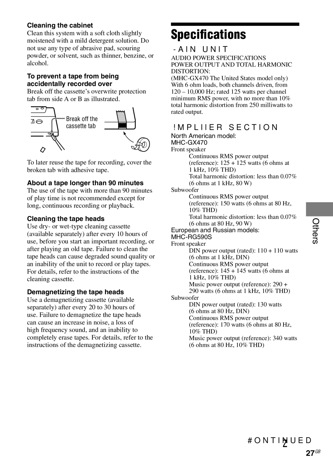 Sony MHC-RG59)S/RG490S/RG290/RG190, MHC-GX470 manual Speciﬁcations, Main unit, Ampliﬁer section, 27GB 