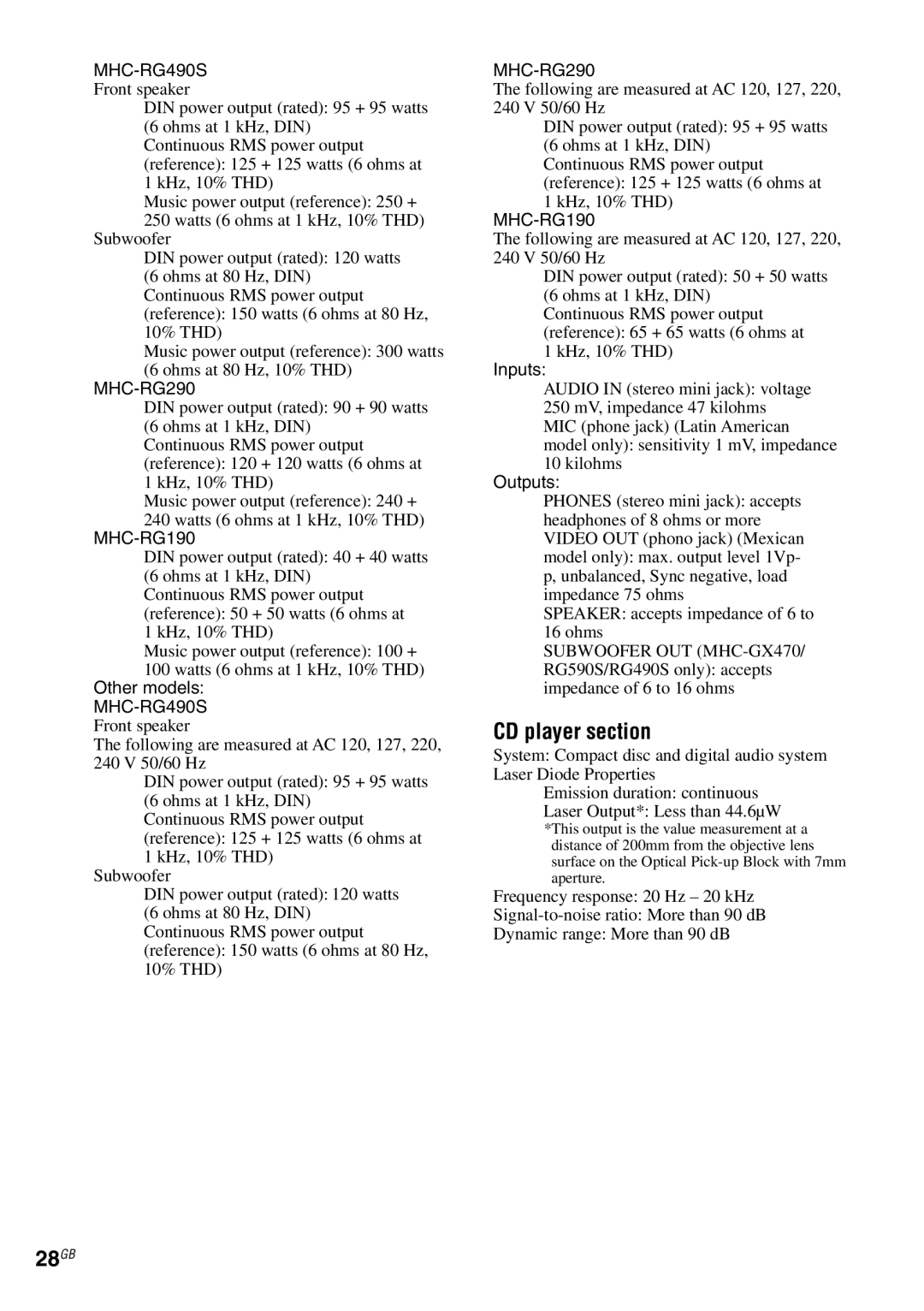Sony MHC-GX470, MHC-RG59)S/RG490S/RG290/RG190 manual CD player section, 28GB 