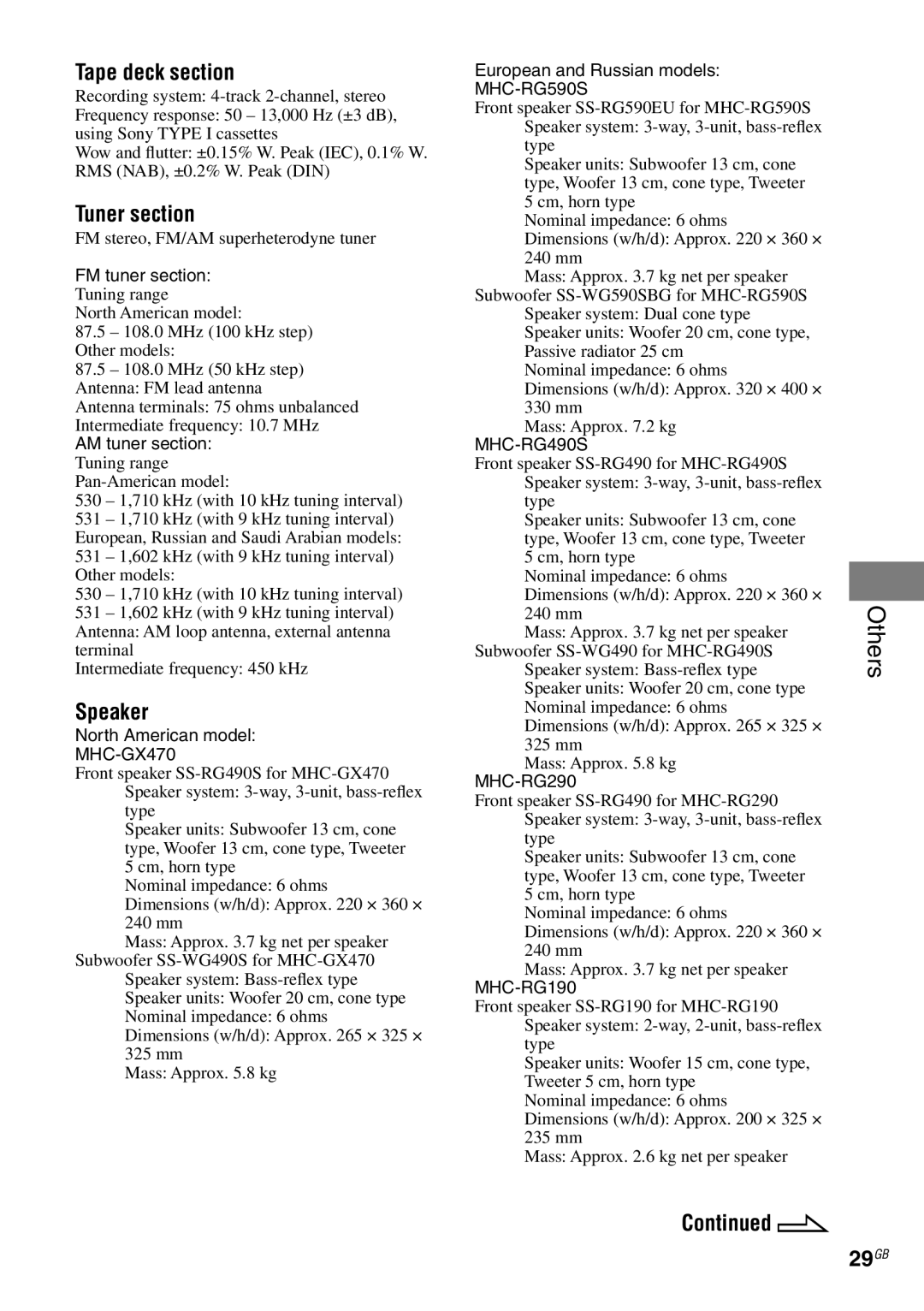 Sony MHC-RG59)S/RG490S/RG290/RG190, MHC-GX470 manual Tape deck section, Tuner section, Speaker, Others, 29GB 