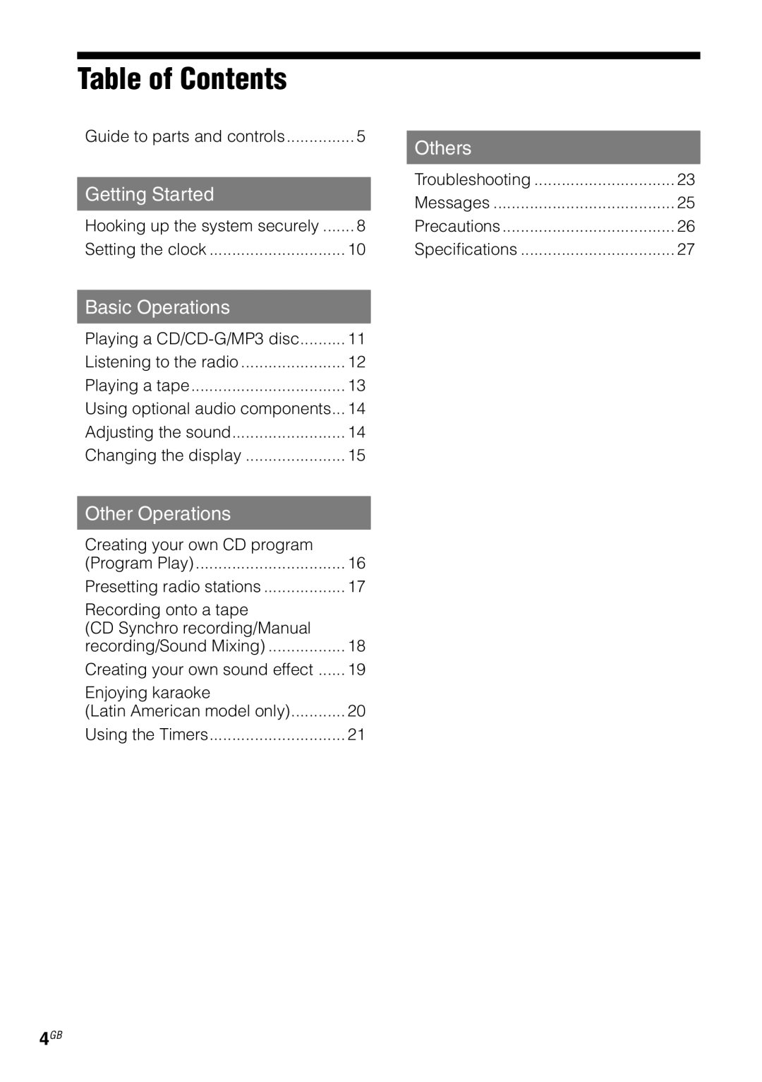 Sony MHC-GX470, MHC-RG59)S/RG490S/RG290/RG190 manual Table of Contents 