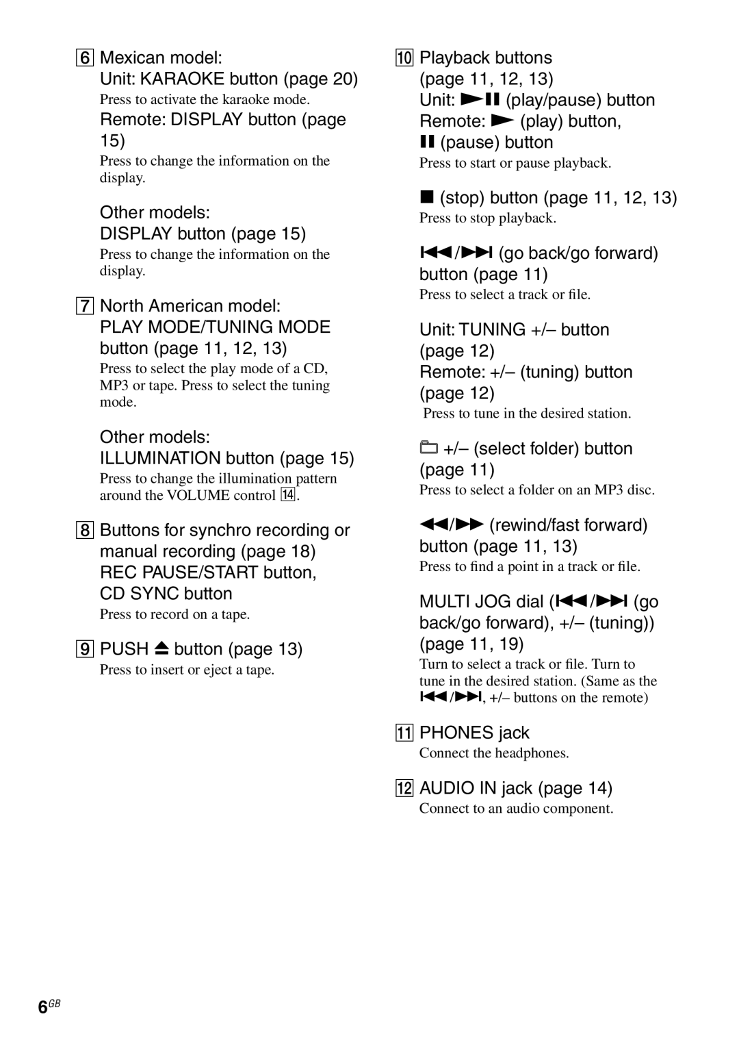 Sony MHC-GX470  Mexican model Unit Karaoke button, Remote Display button, Other models Display button, Button page 11, 12 