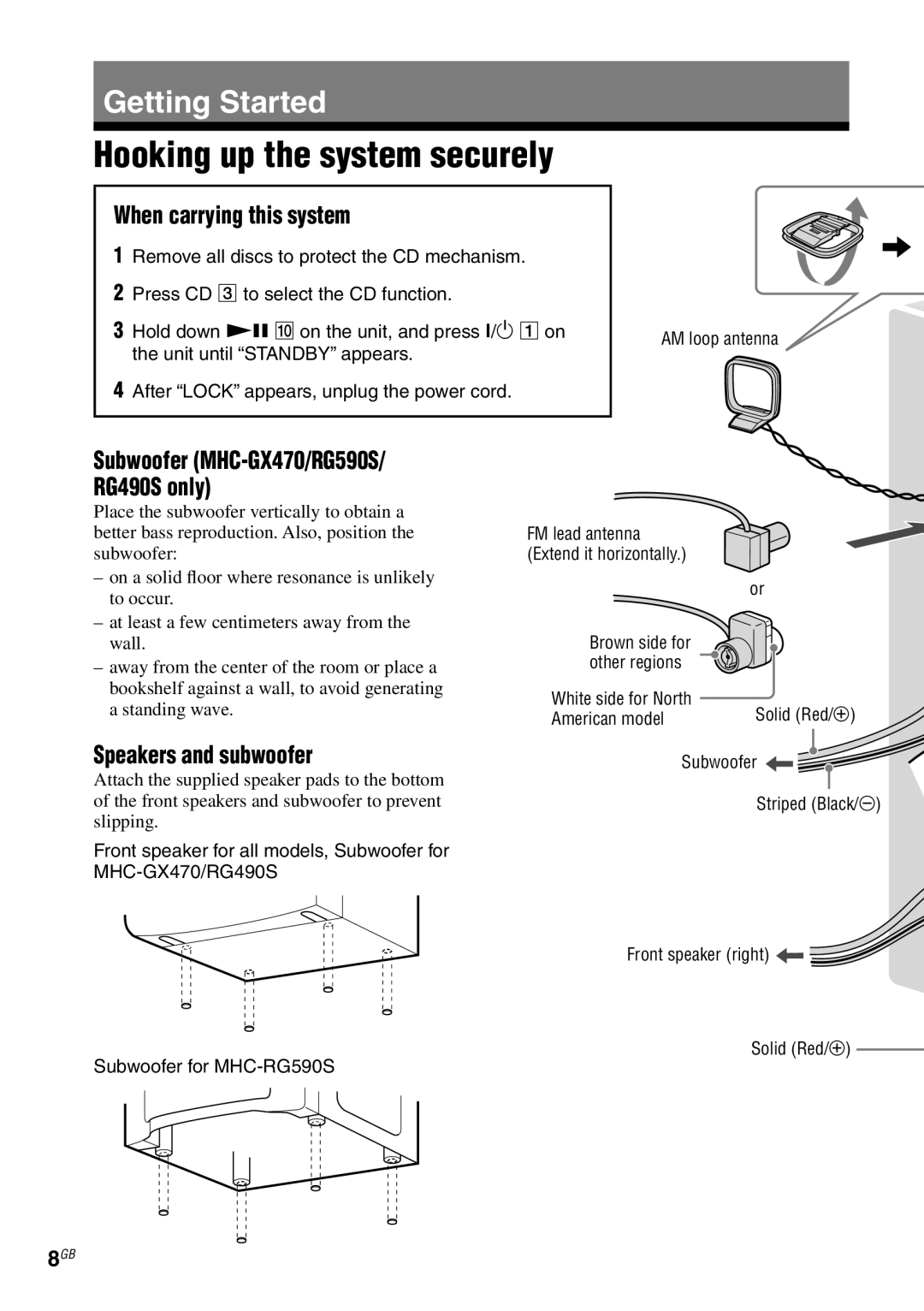 Sony MHC-GX470 manual Hooking up the system securely, When carrying this system, Speakers and subwoofer 