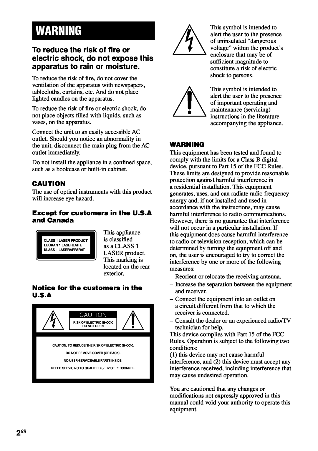 Sony MHC-GX470 manual Except for customers in the U.S.A and Canada, Notice for the customers in the U.S.A 