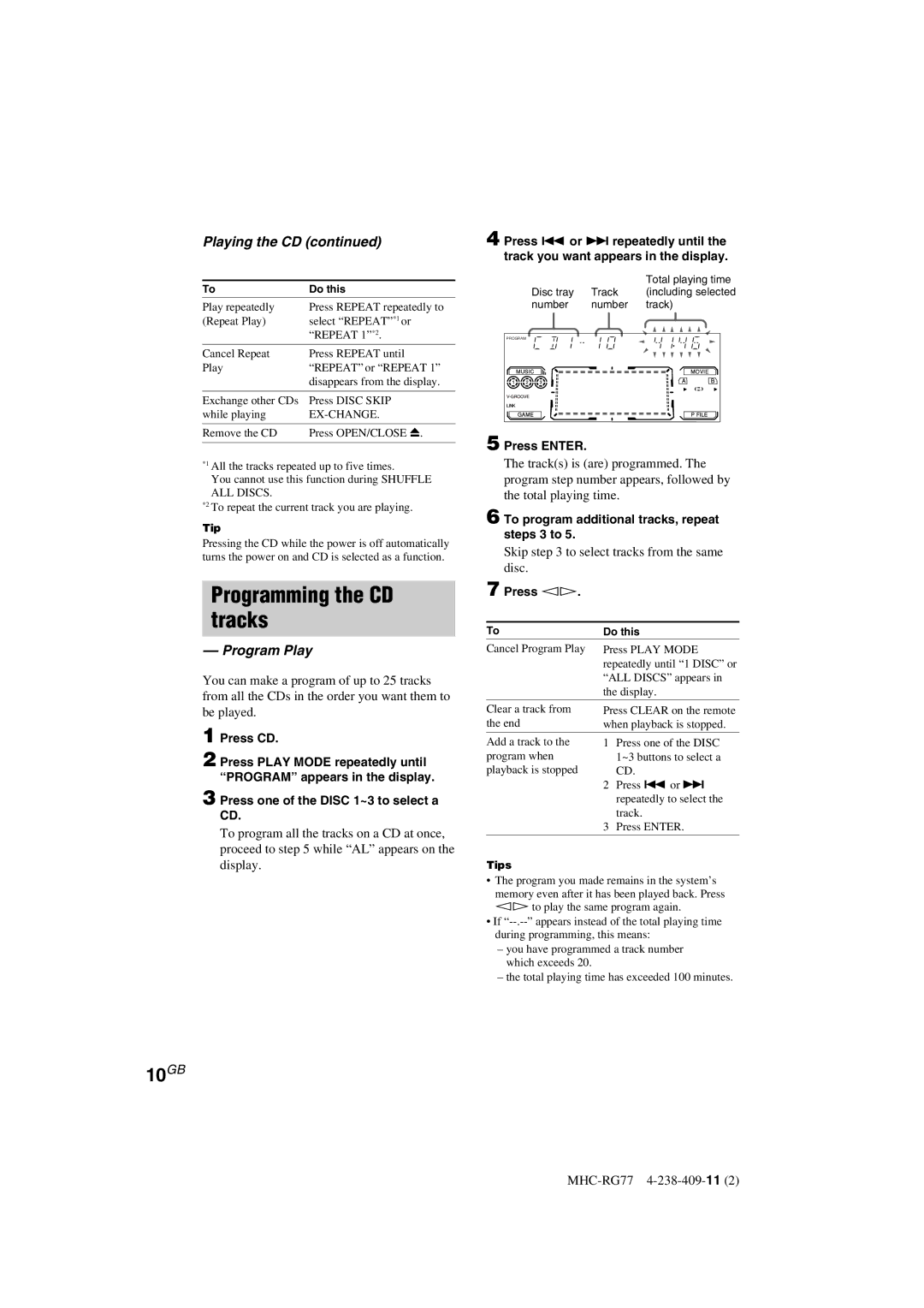 Sony MHC-RG77, MHC-GX8000, MHC-RG66T operating instructions Programming the CD Tracks, 10GB, Playing the CD, Program Play 