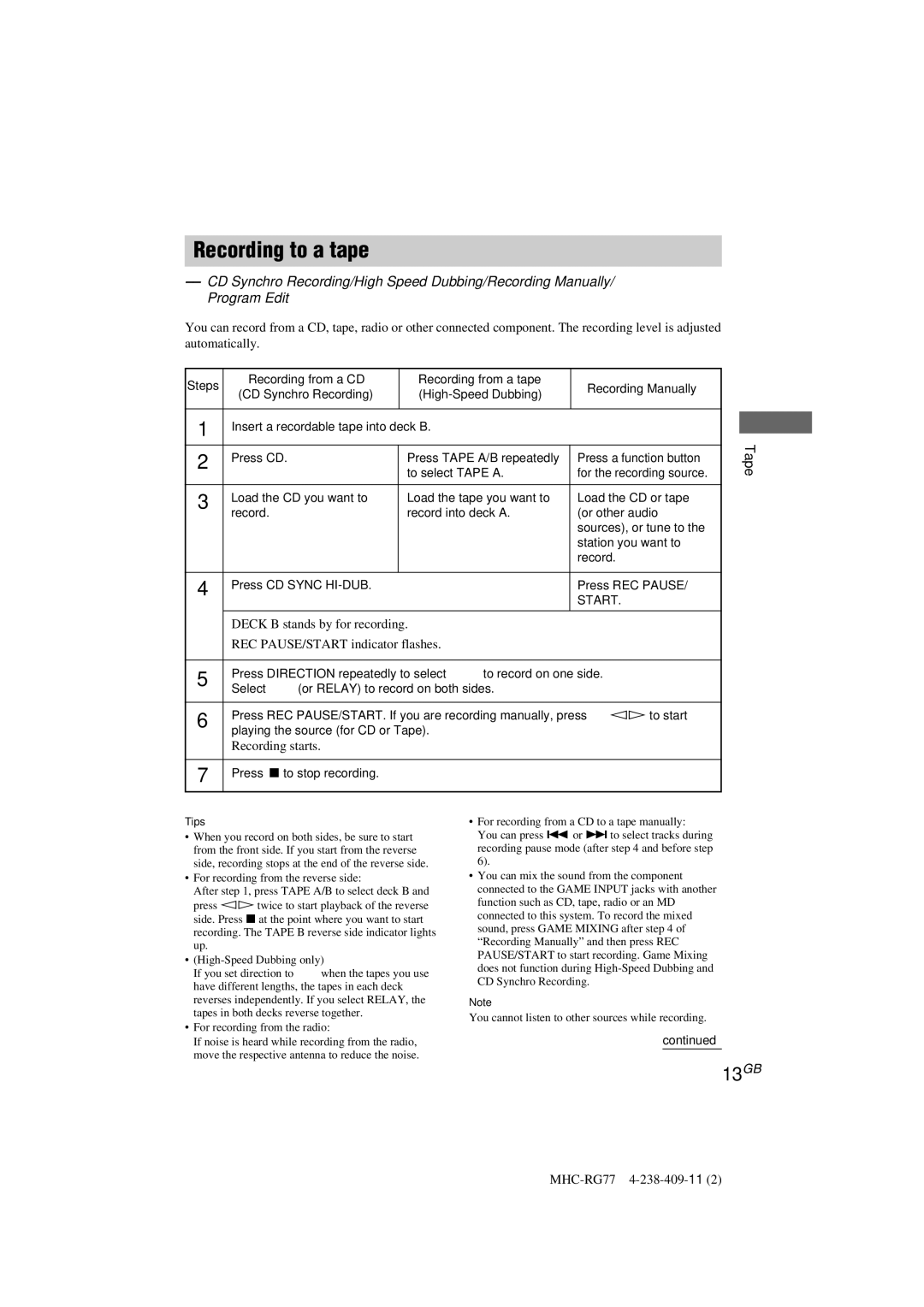 Sony MHC-RG77, MHC-GX8000 Recording to a tape, 13GB, To select Tape a, Load the CD you want to, Press x to stop recording 