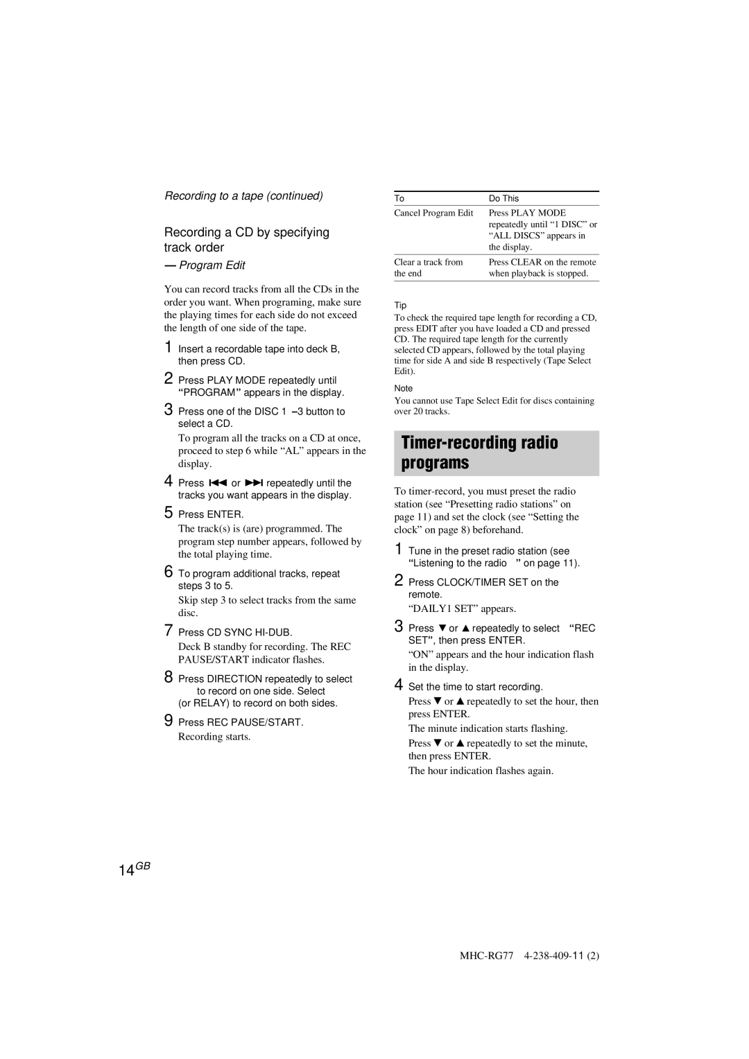 Sony MHC-RG66T Timer-recording radio Programs, 14GB, Recording a CD by specifying track order, Recording to a tape 