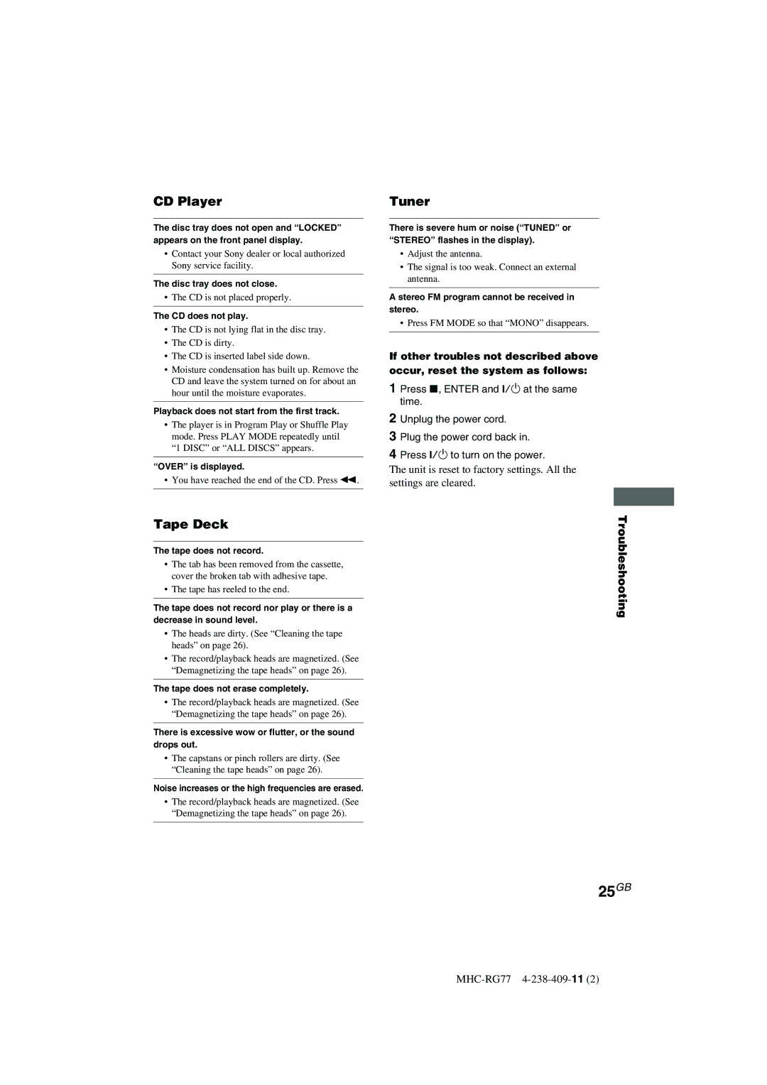 Sony MHC-RG77, MHC-GX8000, MHC-RG66T operating instructions 25GB, CD Player, Tape Deck 