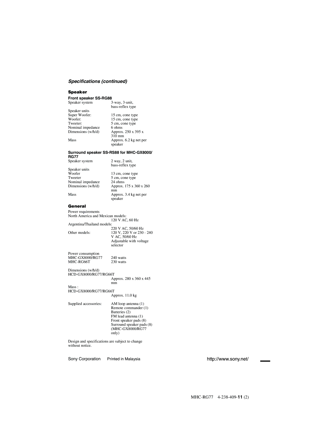 Sony MHC-RG77, MHC-GX8000 operating instructions Specifications, Speaker, General, MHC-RG66T 