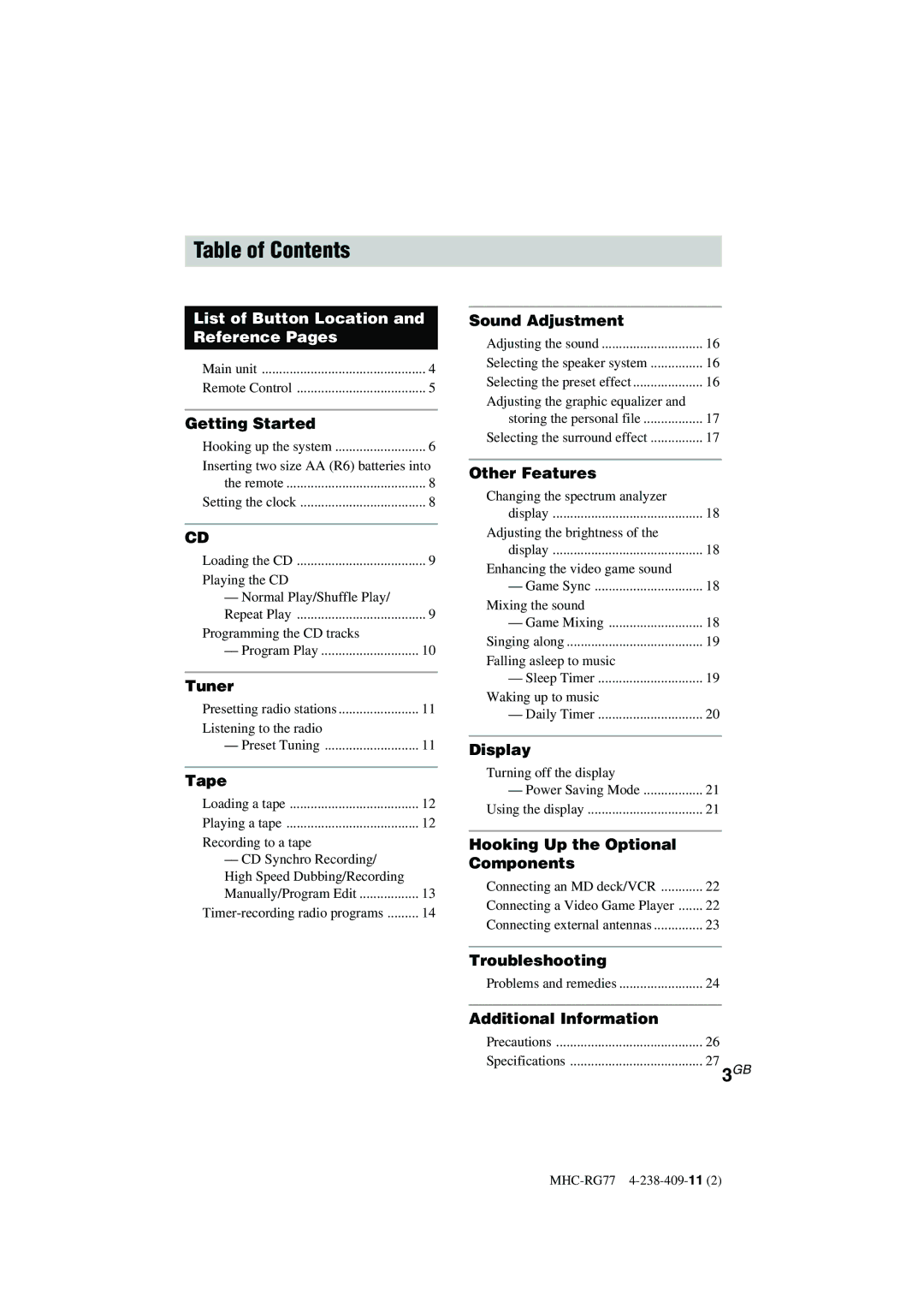 Sony MHC-GX8000, MHC-RG77, MHC-RG66T operating instructions Table of Contents 