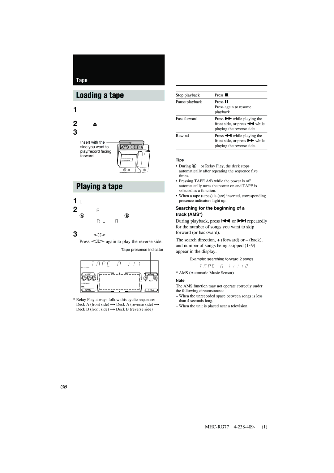 Sony MHC-GX8000/RG77 operating instructions Loading a tape, Playing a tape, Press hH again to play the reverse side 