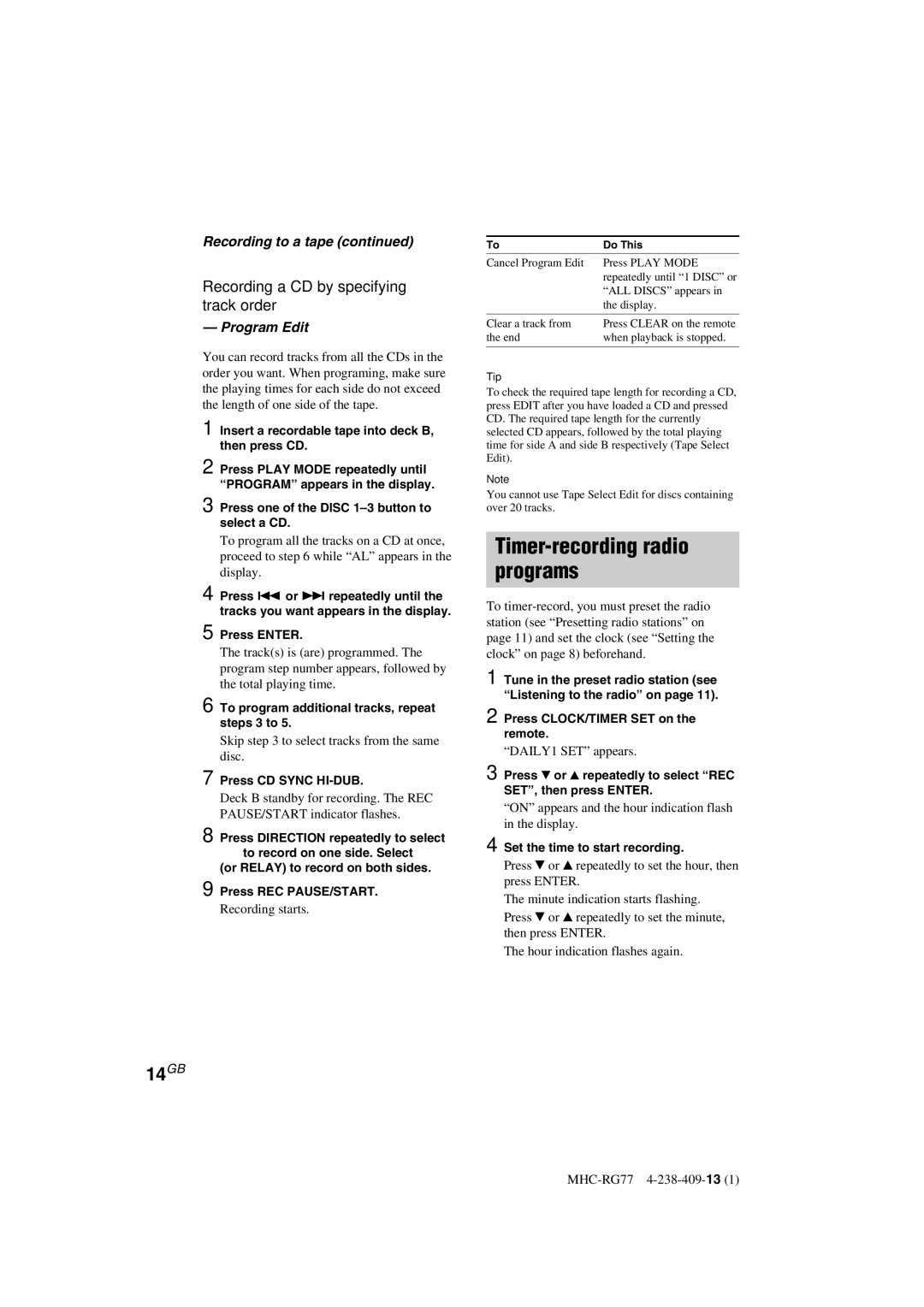 Sony MHC-GX8000/RG77 Timer-recording radio Programs, Recording a CD by specifying track order, Recording to a tape 