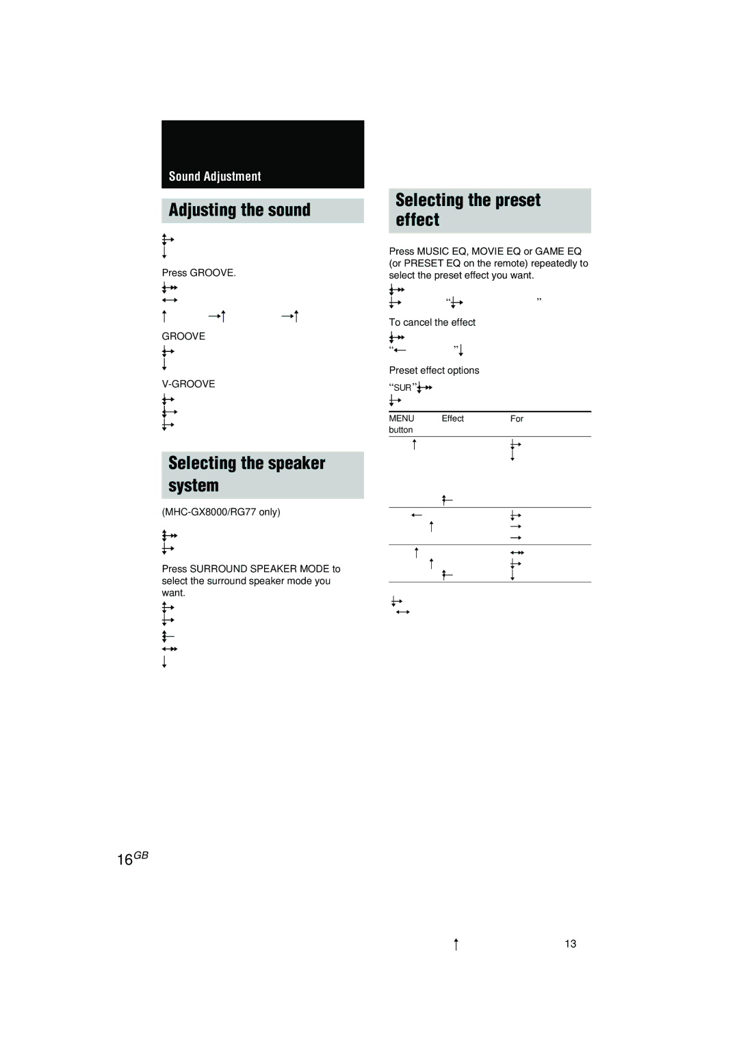 Sony MHC-GX8000/RG77 operating instructions Adjusting the sound, Selecting the speaker System, Selecting the preset Effect 