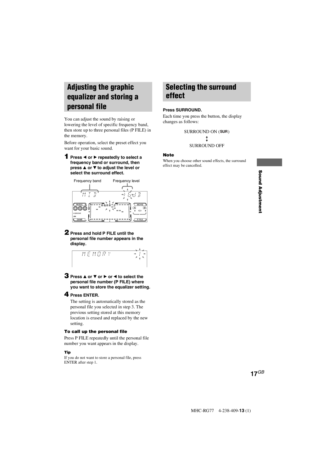 Sony MHC-GX8000/RG77 Selecting the surround Effect, To call up the personal file, Press Surround, Sound Adjustment 