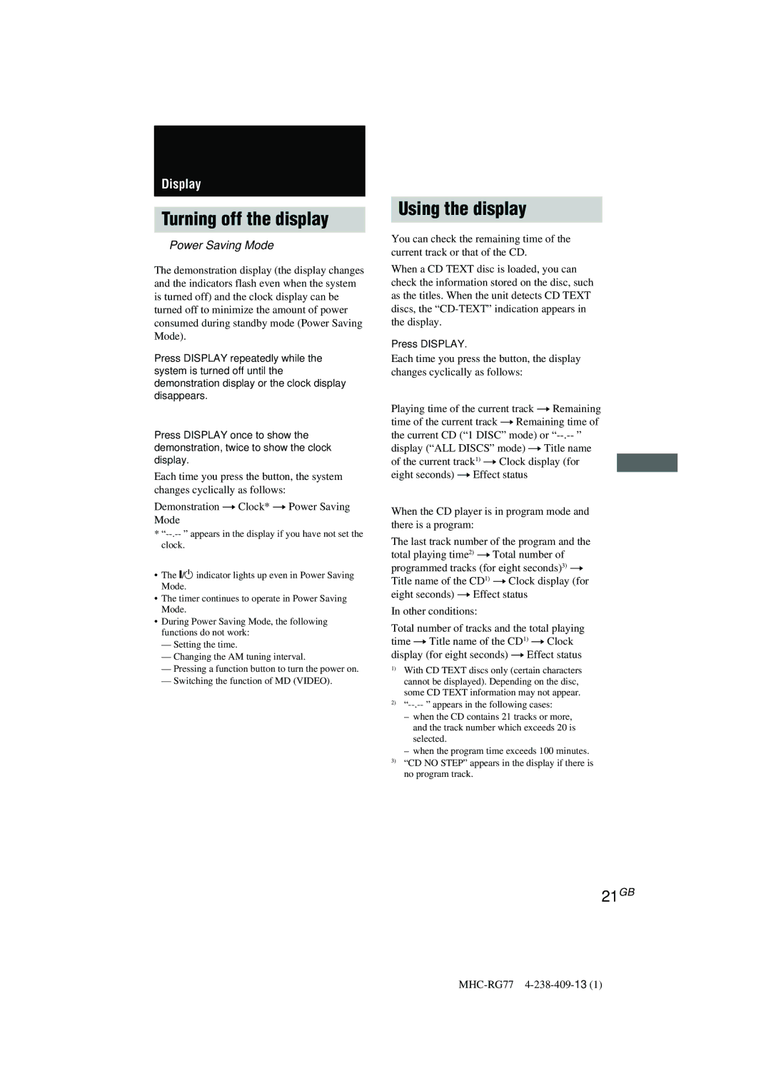 Sony MHC-GX8000/RG77 operating instructions Turning off the display, Using the display, Power Saving Mode 