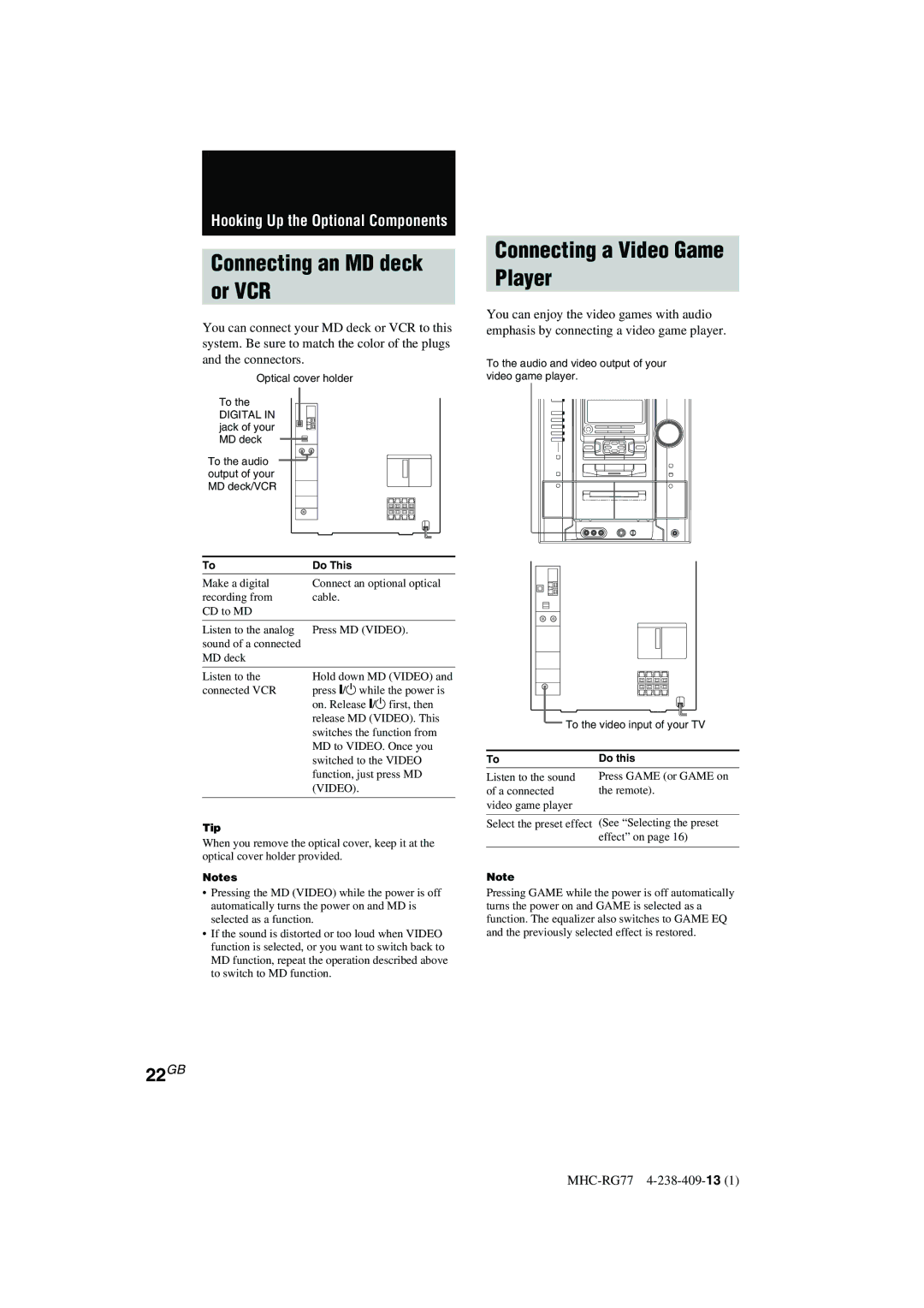 Sony MHC-GX8000/RG77 operating instructions Connecting an MD deck Or VCR, Connecting a Video Game Player 