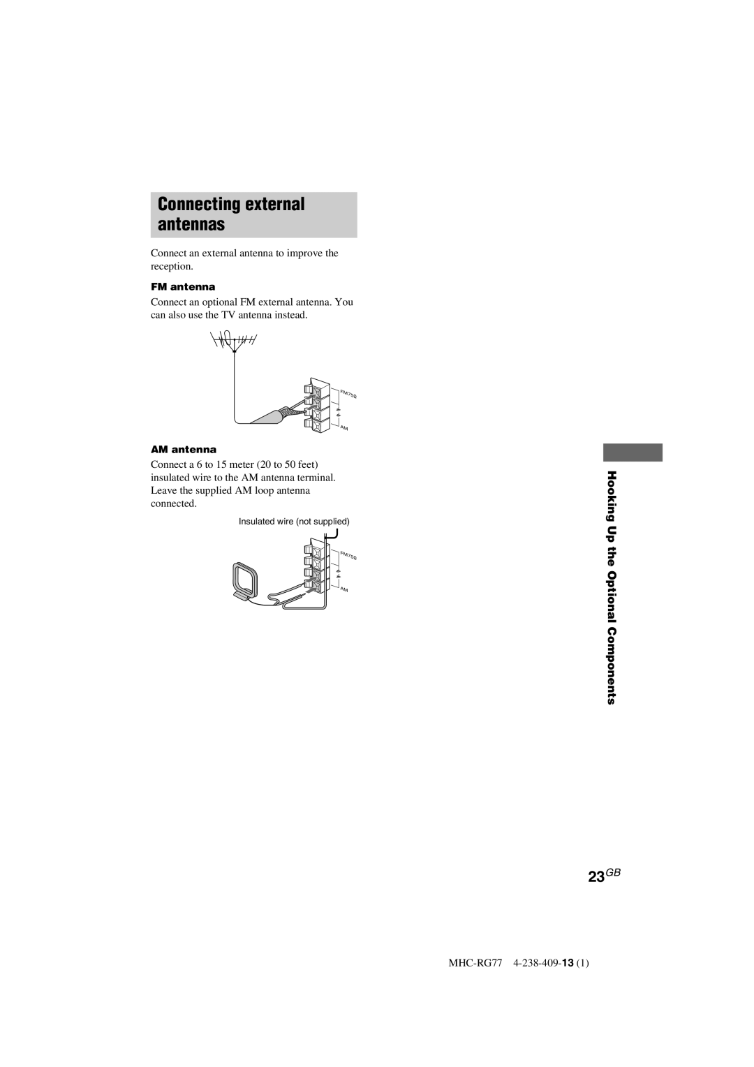 Sony MHC-GX8000/RG77 Connecting external Antennas, Connect an external antenna to improve the reception, FM antenna 