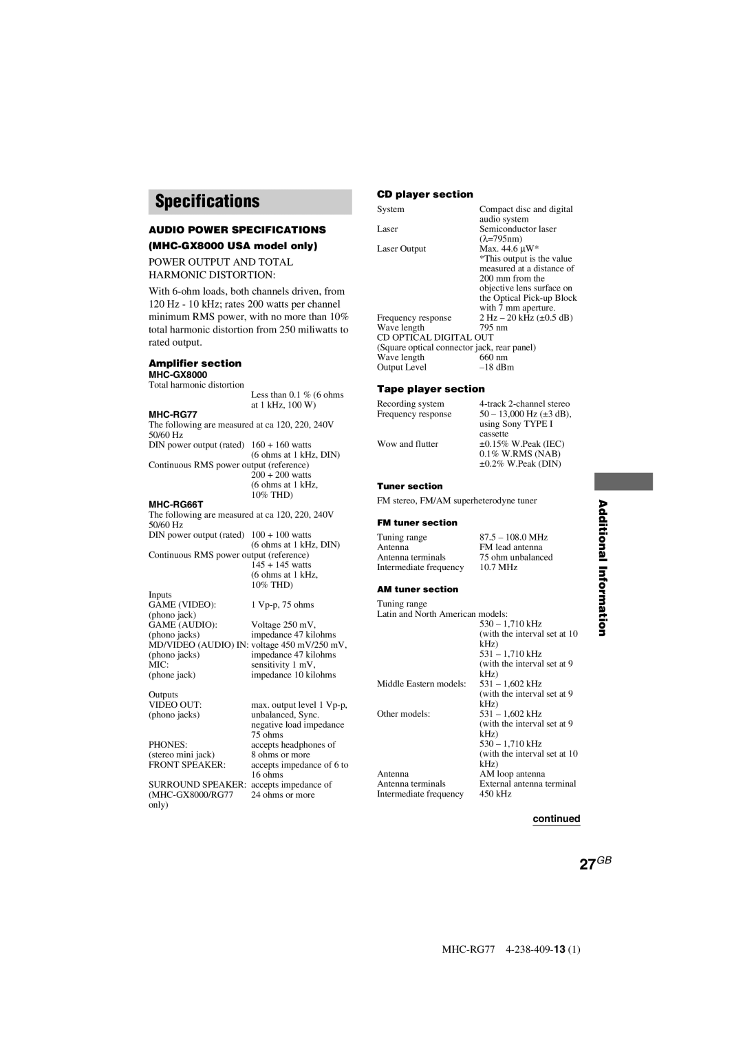 Sony MHC-GX8000/RG77 Specifications, MHC-GX8000 USA model only, Amplifier section, CD player section, Tape player section 