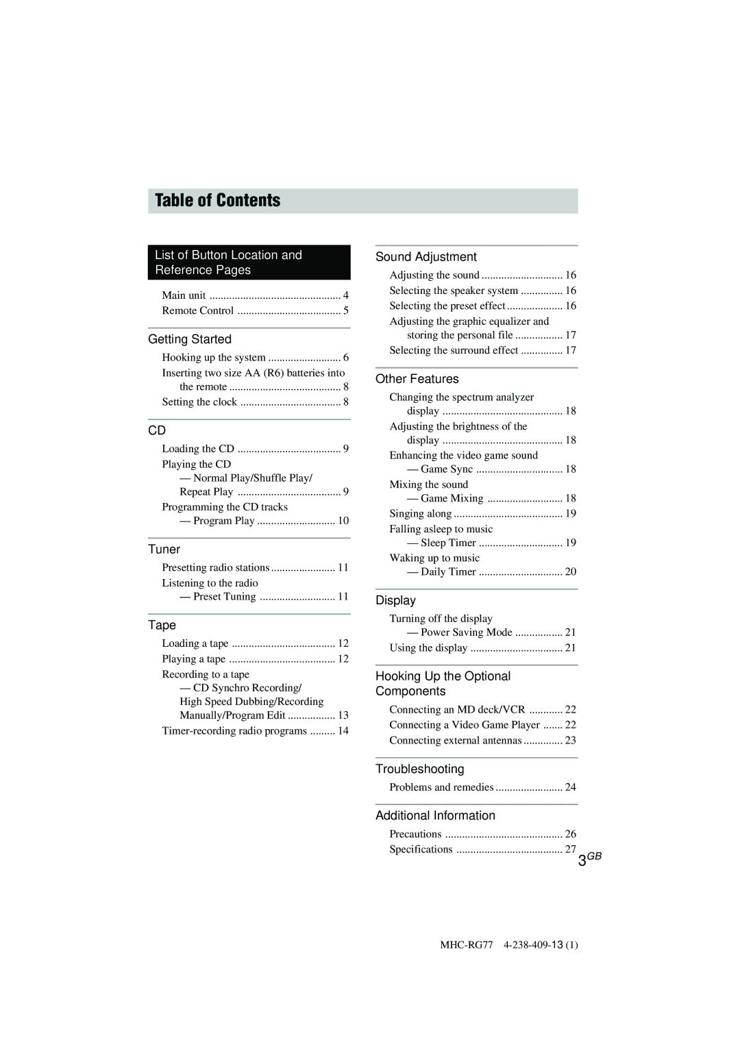 Sony MHC-GX8000/RG77 operating instructions Table of Contents 