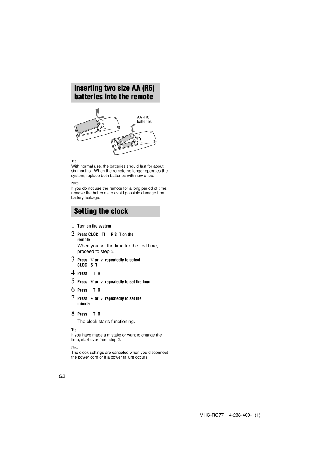 Sony MHC-GX8000/RG77 operating instructions Inserting two size AA R6 Batteries into the remote, Setting the clock 