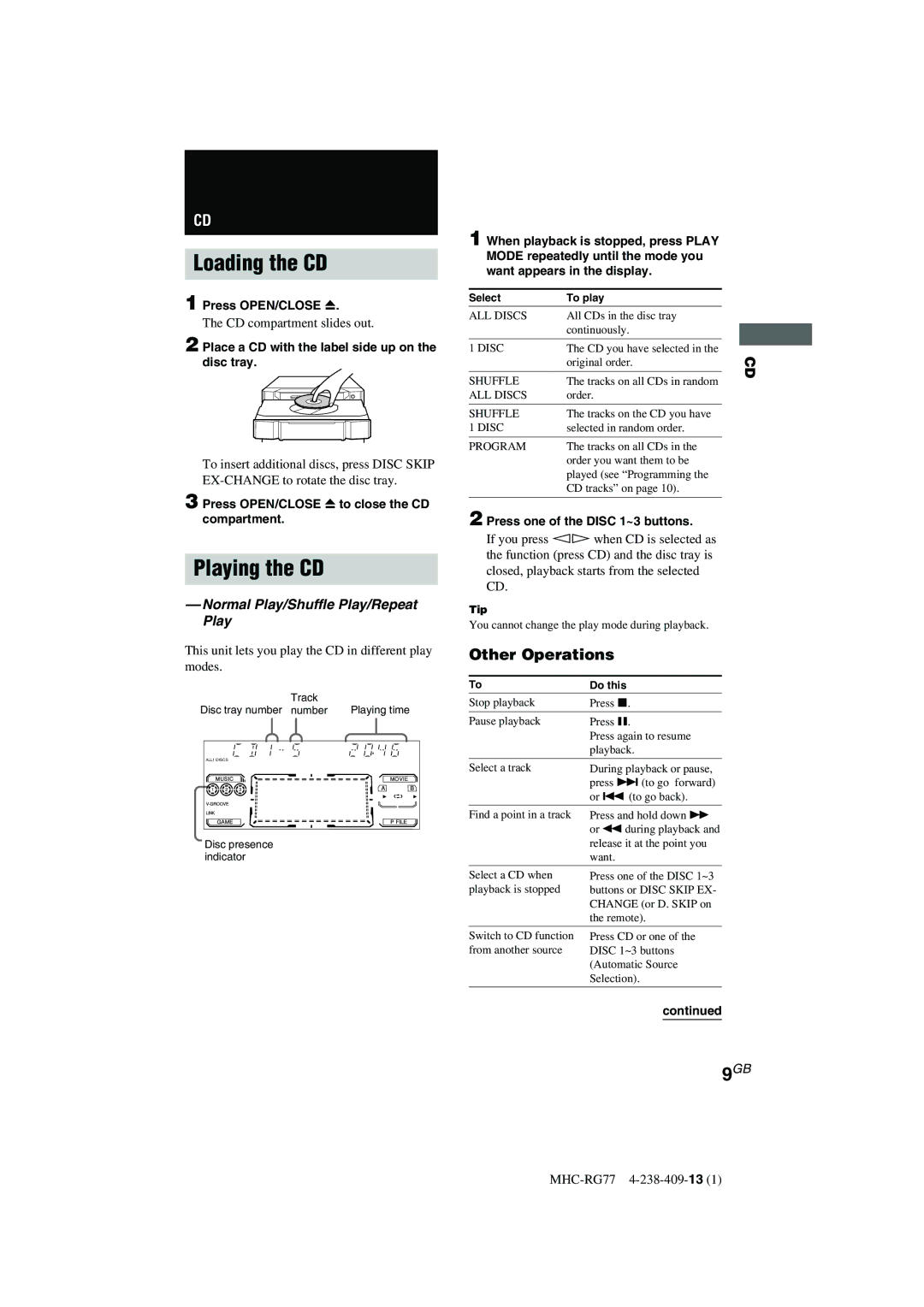 Sony MHC-GX8000/RG77 Loading the CD, Playing the CD, Other Operations, Normal Play/Shuffle Play/Repeat Play 