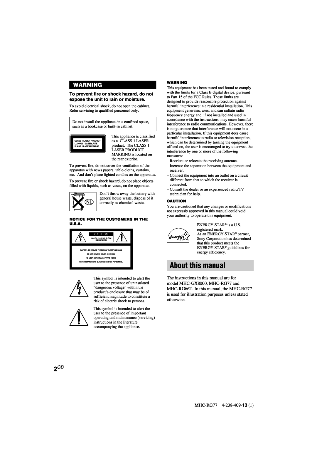 Sony MHC-GX8000/RG77 operating instructions About this manual, MHC-RG77 