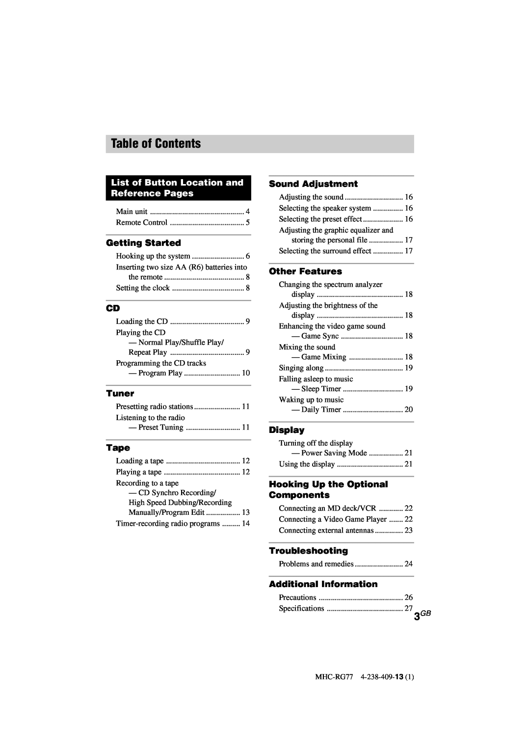 Sony MHC-GX8000/RG77 operating instructions Table of Contents, List of Button Location and Reference Pages 