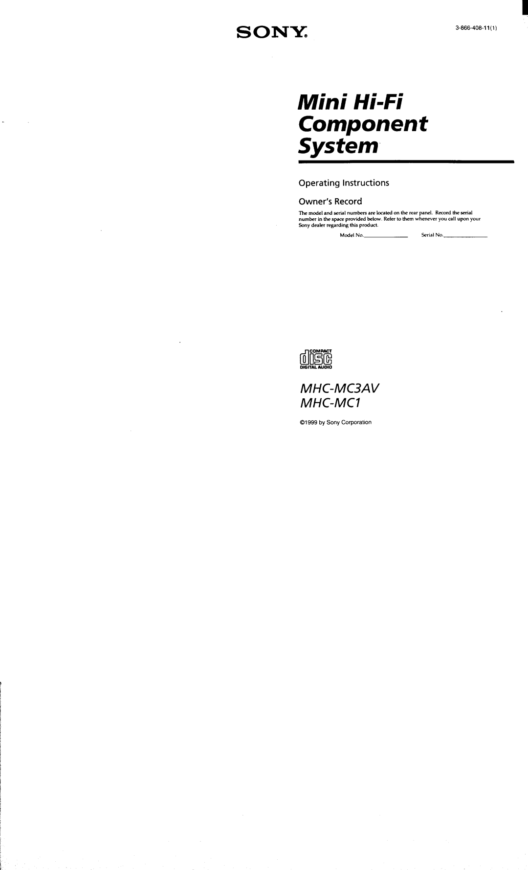 Sony MHC-MC1, MHC-MC3AV manual 