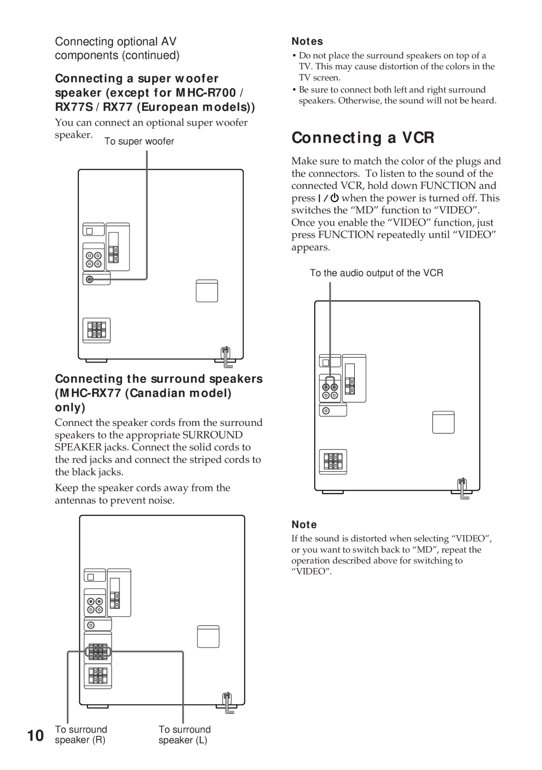 Sony MHC-GRX9000, MHC-R700, MHC-RX66, MHC-RX77S, MHC-GRX7J, MHC-GRX5 Connecting a VCR, Connecting optional AV components 