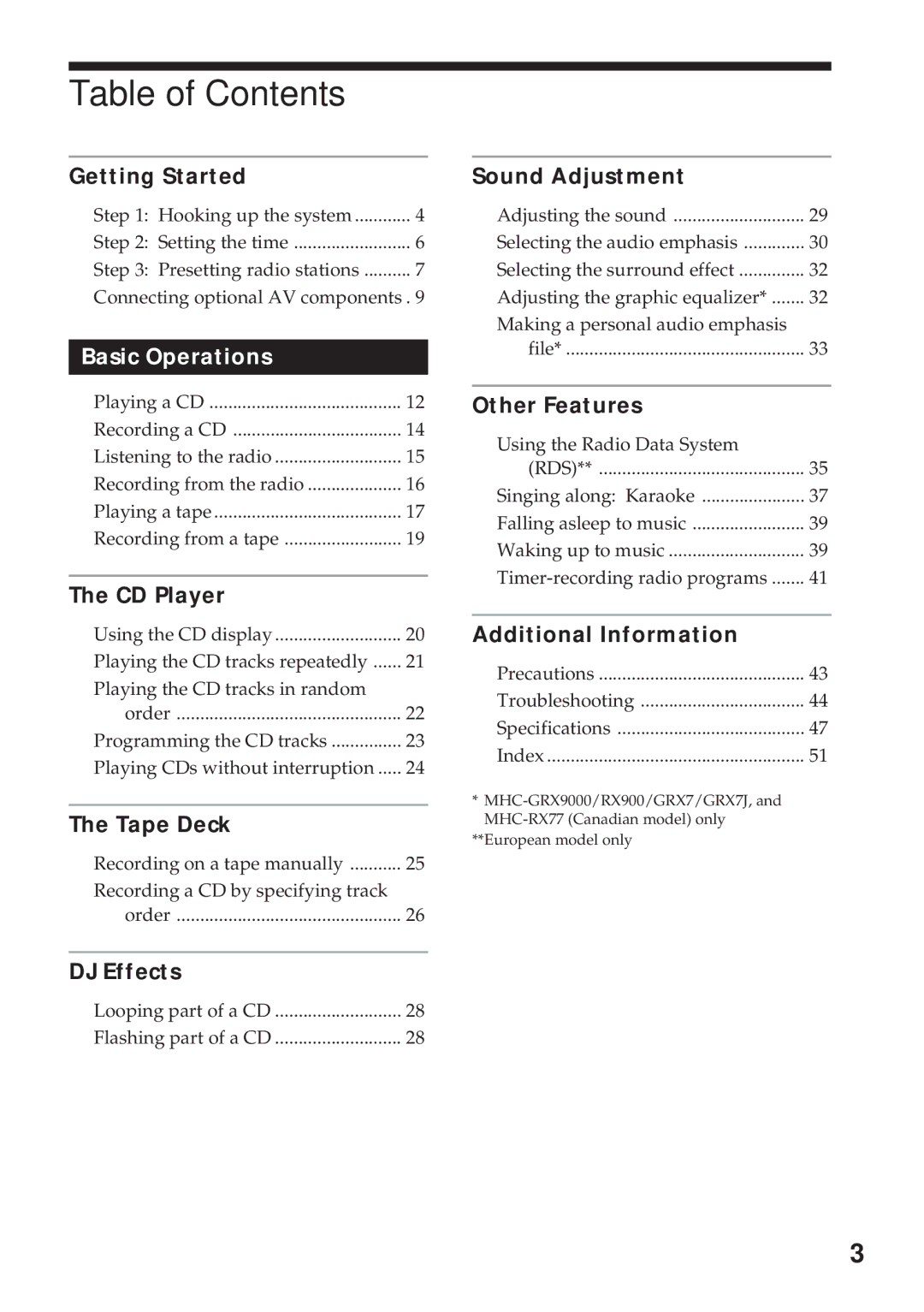 Sony MHC-R700, MHC-GRX9000, MHC-RX66, MHC-RX77S, MHC-GRX7J, MHC-GRX5 operating instructions Table of Contents 