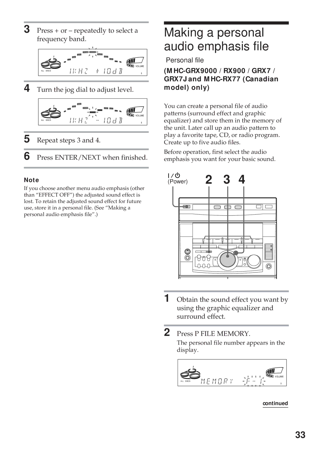 Sony MHC-GRX900 Making a personal audio emphasis file, Press + or repeatedly to select a frequency band, Personal file 