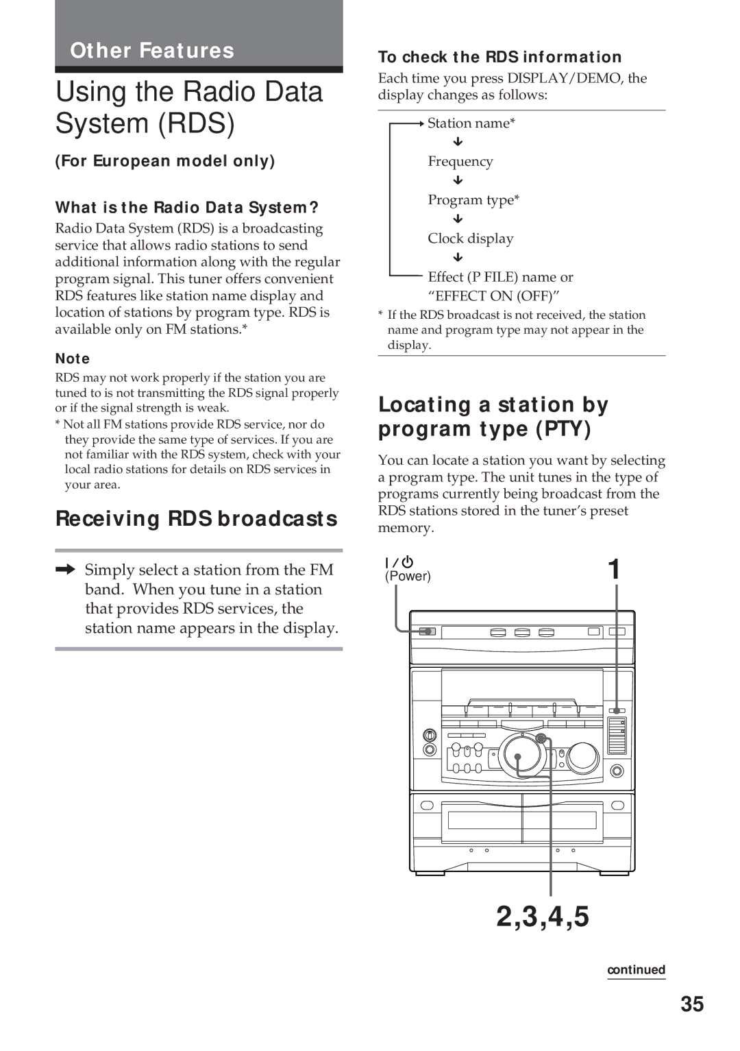 Sony MHC-GRX5 Using the Radio Data System RDS, 4,5, Receiving RDS broadcasts, Locating a station by program type PTY 