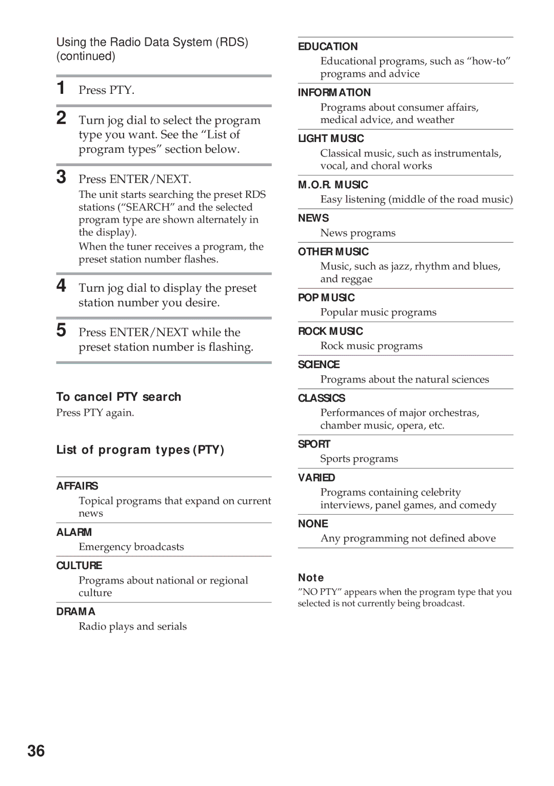 Sony MHC-R700, MHC-GRX9000, MHC-RX66 Using the Radio Data System RDS, To cancel PTY search, List of program types PTY 