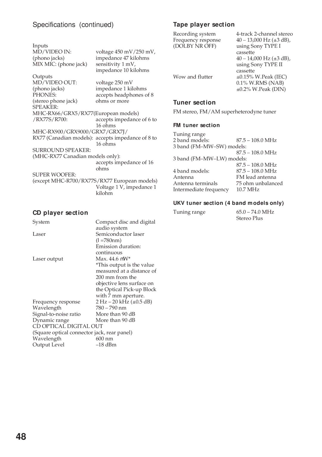 Sony MHC-RX77, MHC-R700, MHC-GRX9000, MHC-RX66 Specifications, CD player section, Tape player section, Tuner section 